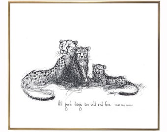 Madre e hijos guepardos "Todas las cosas buenas son salvajes y libres". Impresión de papel de bellas artes de calidad de archivo 8x10. ¡Regalo del Día de la Madre!