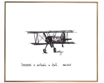 Vintage Biplane "Adventure is Worthwhile in itself. -Amelia Earhart" 8x10 archival quality fine art paper print, black and white