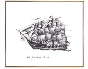 Barco "Deja que tus sueños zarpen". Impresión de papel de bellas artes de calidad de archivo 8x10, blanco negro y brillante con textura clara.