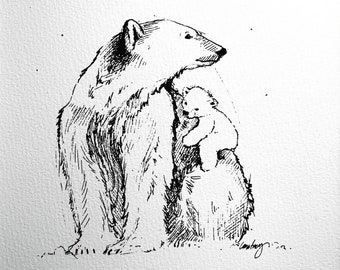 Polar bear mother and child “I love you more than all the stars in the sky.” Archival quality fine art paper print, kids room nursery decor