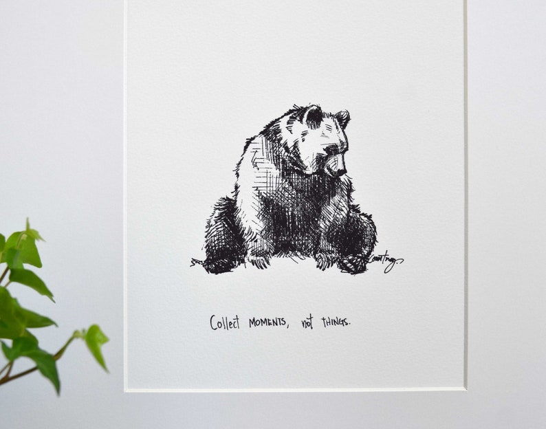 May include: Black and white ink drawing of a bear sitting down. The text "Collect moments, not things." is written below the bear.