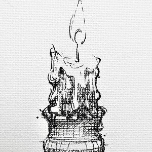 May include: A black and white illustration of a lit candle. The candle's wax is melting, and the flame is drawn with delicate lines. The candle sits on a detailed base, all rendered in a pen and ink style.