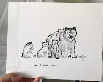 Bear family, 4 cubs "Home is where Mom is." 8x10 archival quality fine art paper print, black and white.