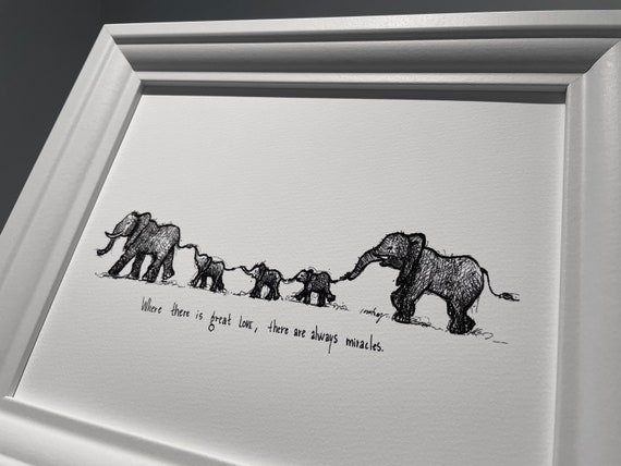 Elephant family 3 children Where there is great love, there are always  miracles. 8x10 archival quality fine art paper print.
