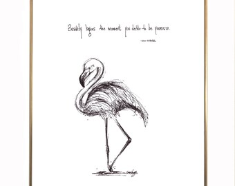 Flamingo "Beauty begins the moment you decide to be yourself. -Coco Chanel" 8x10 archival quality fine art print, black and white