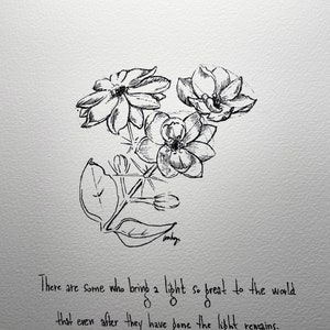 Fleur de jasmin illustration noir et blanc « La lumière reste » papier fine art, cadeau de sympathie, chagrin et deuil ou cadeau pour ami