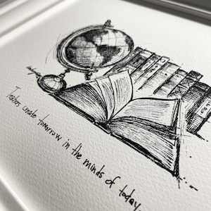 May include: Black and white illustration of a globe, a stack of books, and an open book. The text "Teachers create tomorrow in the minds of today." is written below the image.