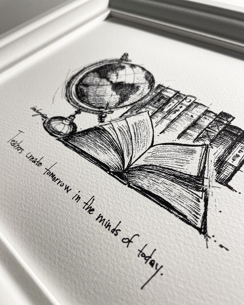 May include: Black and white illustration of a globe, a stack of books, and an open book. The text "Teachers create tomorrow in the minds of today." is written below the image.