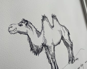 May include: A black and white line drawing of a camel with the text "a thousand miles begins with one step."