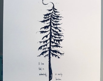 Può includere: Illustrazione in bianco e nero di un pino con una luna crescente sopra. Il testo recita "Un albero che non si piega... si rompe facilmente." -Lao Tzu