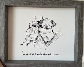 Owl and Koala, black and white fine art paper print ”Love looks not with the heart, but with the mind.” Shakespeare quote