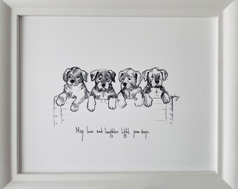 May include: Black and white illustration of four puppies peeking over a wooden fence. The text "May love and laughter light your days." is below the image.