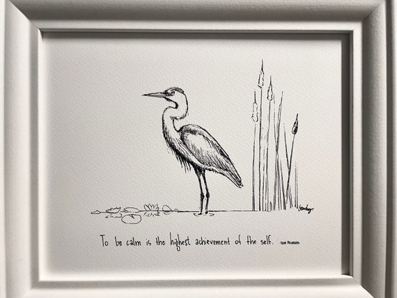 Great Blue Heron Bird, “To be calm” zen proverb.  Archival quality fine art paper print, black and white, spiritual gift, yoga meditation