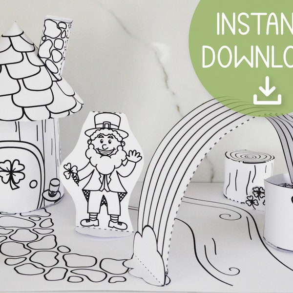 Leprechaun Paper House Printable Activity for Kids, St. Patrick’s Day, kids paper craft, paper house template, coloring page, activity sheet