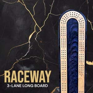 May include: A wooden 3-lane long board game called "Raceway". The board is blue with a wooden frame and numbers from 55 to 115.