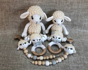 Crochet bébé agneau en bois jouet hochet tétine support