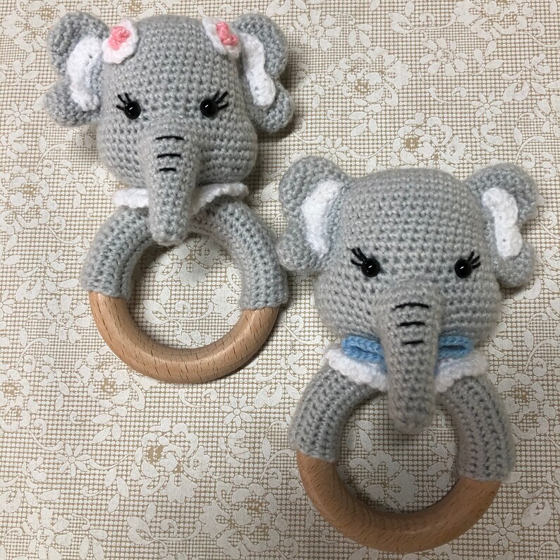 Crochet Baby Elephant Wooden Toy Rattle Pacifier Holder Etsy