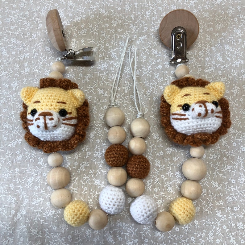 Crochet Baby Lion Wooden Toy Rattle Pacifier Holder Etsy