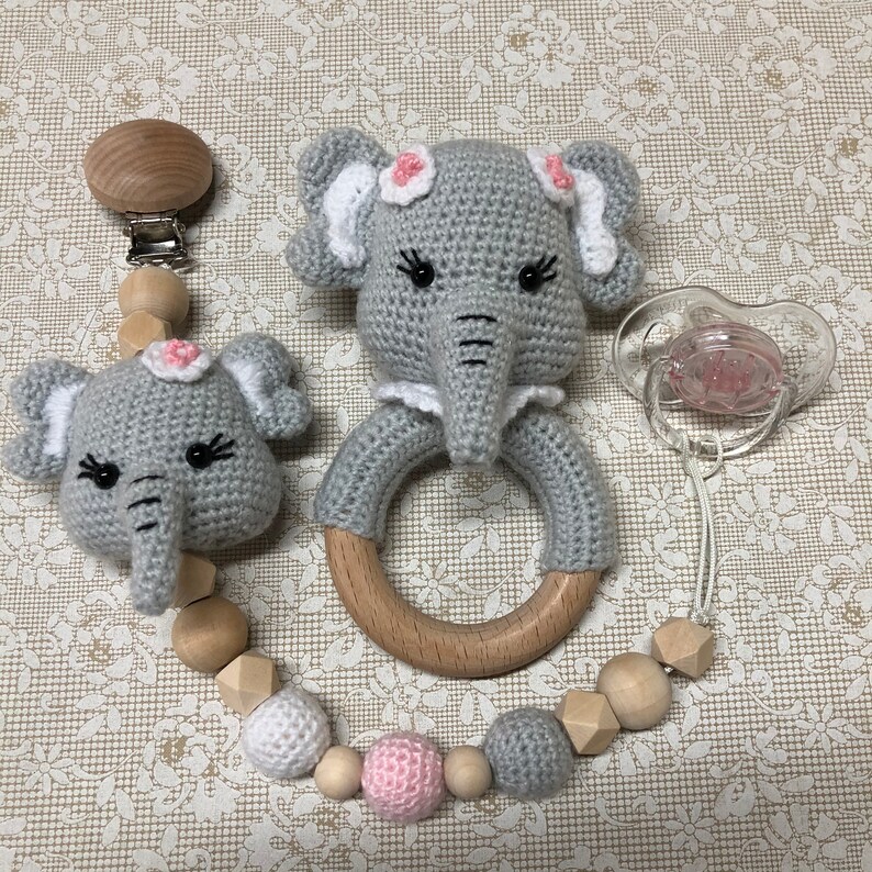 Crochet Baby Elephant Wooden Toy Rattle Pacifier Holder Etsy