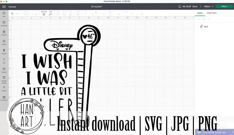 May include: Black and white digital design featuring a height requirement sign with the text "I wish I was a little bit taller" and a Disney logo. The sign includes a Mickey Mouse head and the text "46" inches. The design also includes a floral wreath with the text "Han Art".