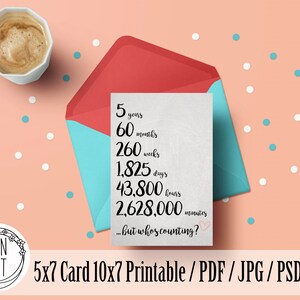 Tarjeta del 5to aniversario imprimible / Cinco años de madera / tarjeta 5x 7 11 x 8.5 IMPRIMIBLE / Jpg Psd Pdf / Descarga instantánea de archivos