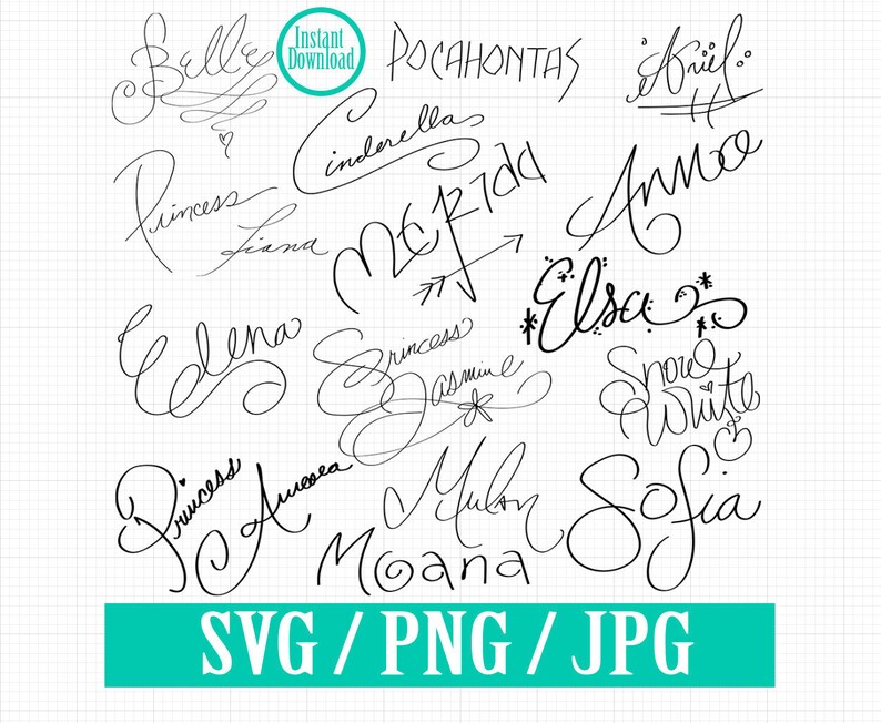 Disney Princess Signatures Bundle SVG PNG JPG Instant Download - Etsy