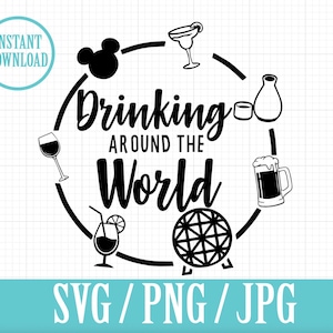 May include: Black and white design of a circle with the text "Drinking Around the World" inside. The circle is decorated with various drink icons, including a martini glass, a wine glass, a beer mug, a sake bottle, and a Mickey Mouse head.