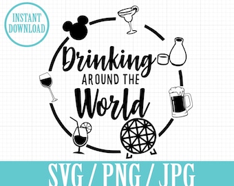 Puede incluir: Diseño en blanco y negro de un círculo con el texto "Drinking Around the World" en su interior. El círculo está decorado con varios iconos de bebidas, incluyendo una copa de martini, una copa de vino, una jarra de cerveza, una botella de sake y una cabeza de Mickey Mouse.