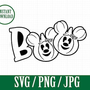 May include: Black and white illustration of two pumpkins with Mickey Mouse ears and the word "BOO" in a bold font.