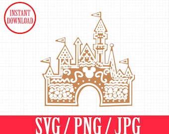 May include: A brown gingerbread-style castle with white icing details and a Mickey Mouse head on the front. The castle has a large archway and is decorated with swirls and dots.