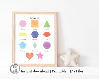 Shapes Printable | Watercolor PRINTABLE | Educational MONTESSORI homeschool - preschool | Jpg | Instant File Download