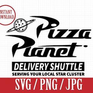 May include: Black and white graphic design of the Pizza Planet logo with the text "Pizza Planet" and "Delivery Shuttle" and the tagline "Serving your local star cluster". The logo includes a planet with rings and a pizza slice.