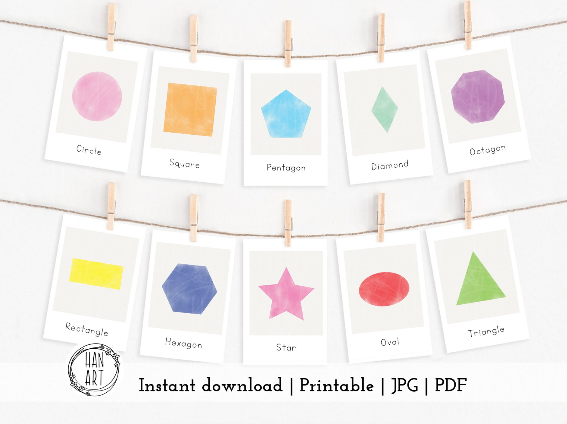 Watercolor Shape Flashcards | PRINTABLE | MONTESSORI | PRESCHOOL Education | aesthetic | Jpg Pdf | Instant File Download