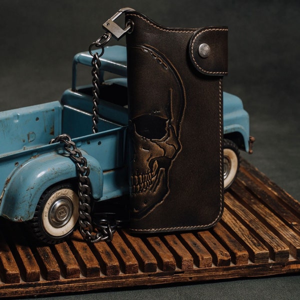 SKULL Snap Grommet Long Bifold Wallet•Designed For A Chain•Personalized Wallet•Men's Leather Bifold Wallet•Skull Wallet•Biker Gift