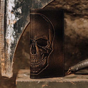 SKULL Long Bifold Wallet•Tall Wallet•Rodeo Wallet•Personalized Wallet•Men's Leather Bifold Wallet•Skull Wallet•Biker Gift•Men's Gift