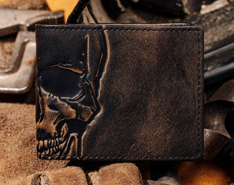 SKULL Double ID Bifold Wallet•Flip Out ID Window•Men's Leather Wallet•Personalized Wallet•Biker Wallet•Men's Gift