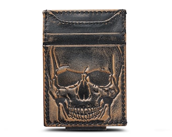 SKULL Magnetic Money Clip Wallet•Front Pocket Wallet•Mens Leather Slim Wallet•Personalized Wallet•Biker Gift•Men's Gift