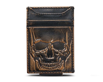 Money Clip Wallet Etsy - skull magnetic money clip wallet front pocket wallet mens leather wallet multi card functionality personalized wallet card case