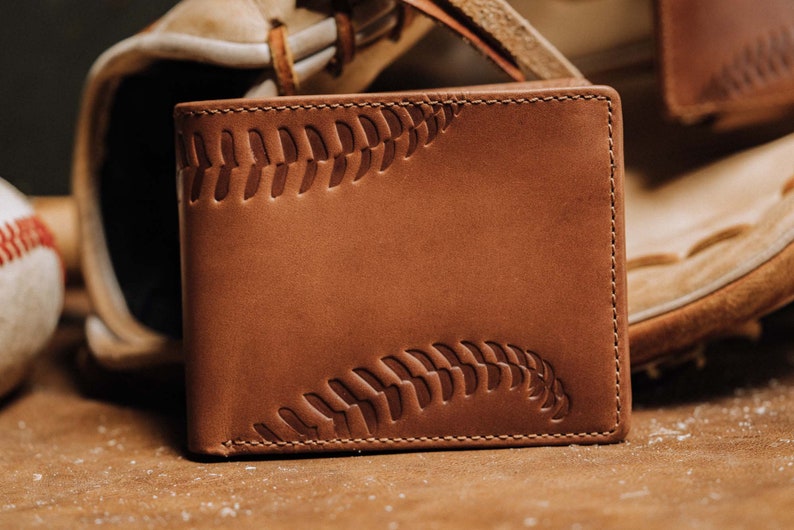 Baseball Flip ID BIFOLD Wallet•Men's Leather Wallet•Two ID Windows•Personalized Wallet•Baseball Fan Gift•Coach Gift•Men's Gift 