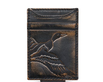 DUCK Magnetic Front Pocket Wallet•Money Clip Wallet•Mens Leather Slim Wallet•Personalized Wallet•Duck Hunter Gift•Waterfowler•Men's Gift