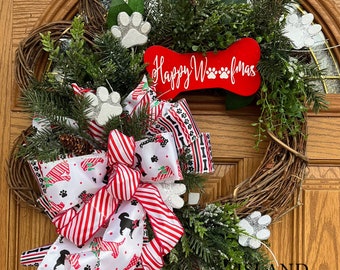 Christmas Dog Wreath, Christmas Paw Wreath, Christmas Wreath, Holiday Dog Decor, Christmas Dog Ribbon, Custom Wreaths