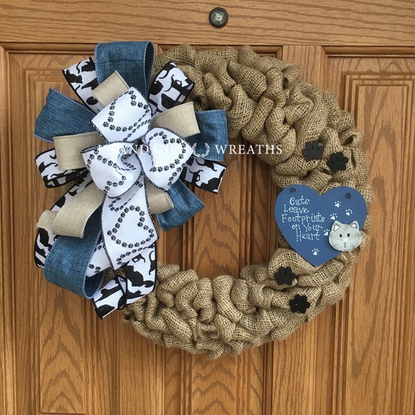 Cat Wreath, Cat Wreaths, Burlap Cat Wreath, Cats Leave Footprints On Your Heart, Cat Lovers Gift, Cats Leave Footprints On Your Heart Wreath