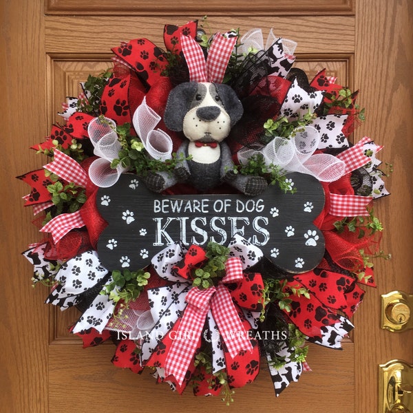 Dog Wreath, Dog Wreaths, Dog Wreaths For Front Door, Beware Of Dog Kisses Wreath, Dog Mom Wreath, Paw Print Ribbon