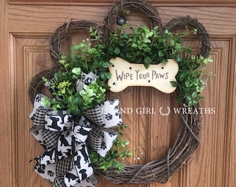 Dog Wreath, Grapevine Dog Wreath, Paw Wreath, Wipe Your Paws Wreath, Paw Wreaths, Paw Print Ribbon, Wipe Your Paws