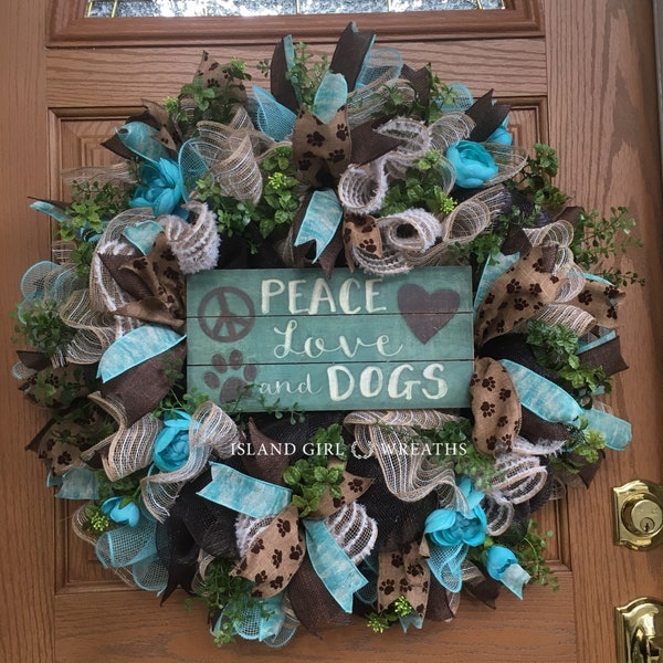 Dog Wreath, Peace Love And Dog, Dog Wreaths, Paw Print Ribbon, Teal And Brown Wreath, Wreath For Front Door