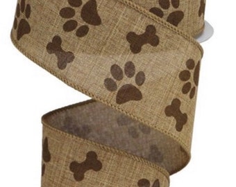 Dog Paw Ribbon, Paw Print Ribbon, Paw Print Wreath Bow, Dog Paw Brown Wired Ribbon, Brown Paw Print Ribbon