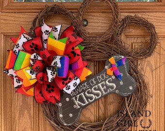 Dog Wreath, Dog Wreaths, Grapevine Dog Wreath, Paw Wreath, Paw Print Ribbon, Beware Of Dog Kisses, Rainbow Dog Decor