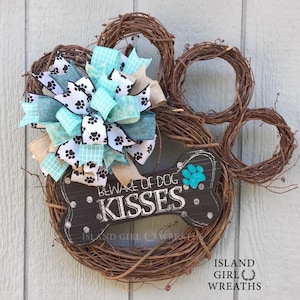 Dog Wreath, Dog Wreaths, Grapevine Dog Wreath, Paw Wreath, Paw Print Ribbon, Paw Print Ribbon, Beware Of Dog Kisses