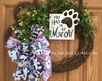 Cat Wreath, Paw Wreath Cat, Cat Paw Wreath, Cat Decor, Cat Lovers Gift, You Had Me At Meow, Cat Ribbon