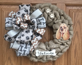 Dog Wreath, Dog Wreaths, Burlap Dog Wreath, Cocker Spaniel Dog, Cocker Spaniel Dog Decoration